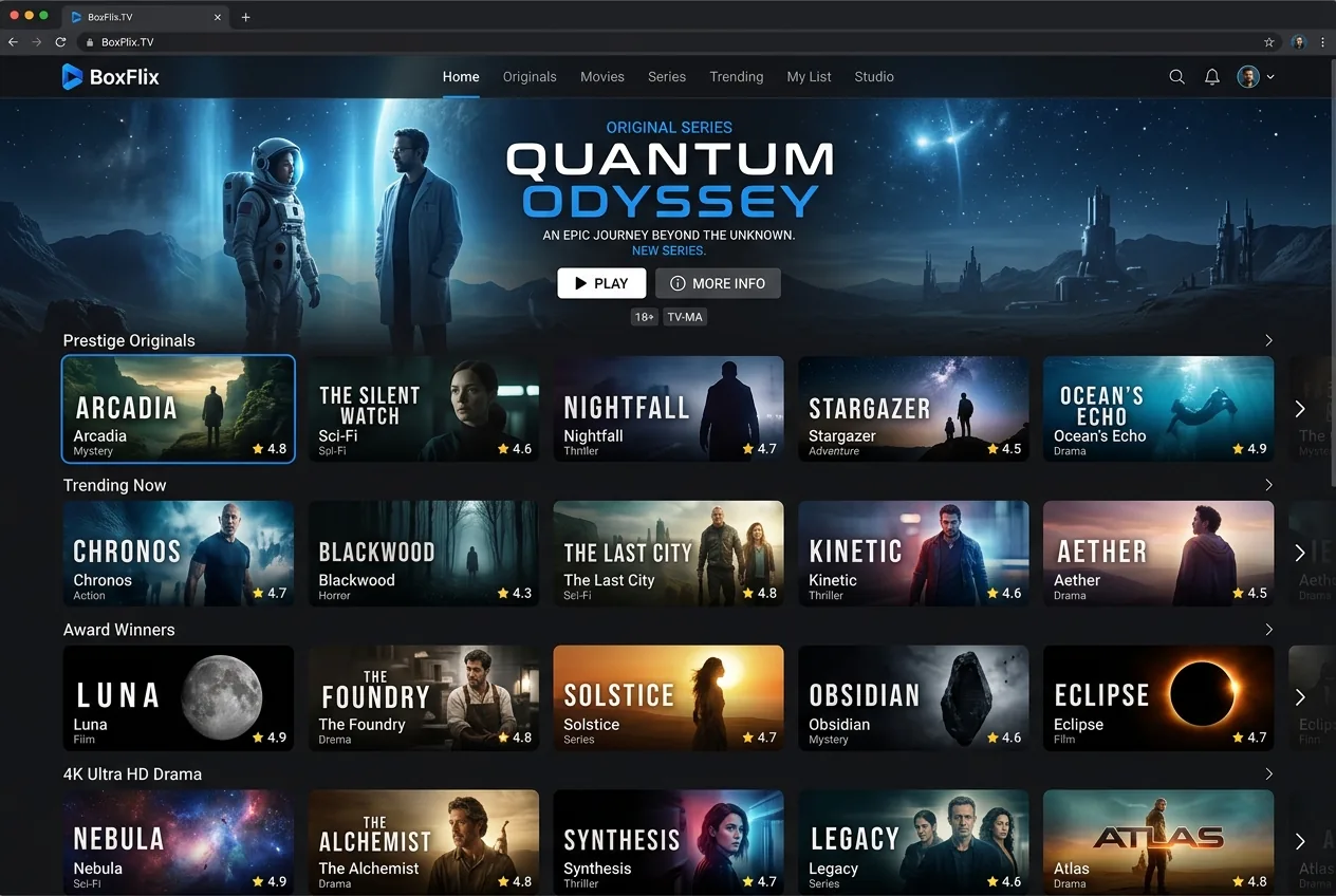 AI-generated concept for BoxFlix.TV: an imagined blue-accented film and television streaming interface with poster rows, not an actual content catalog.