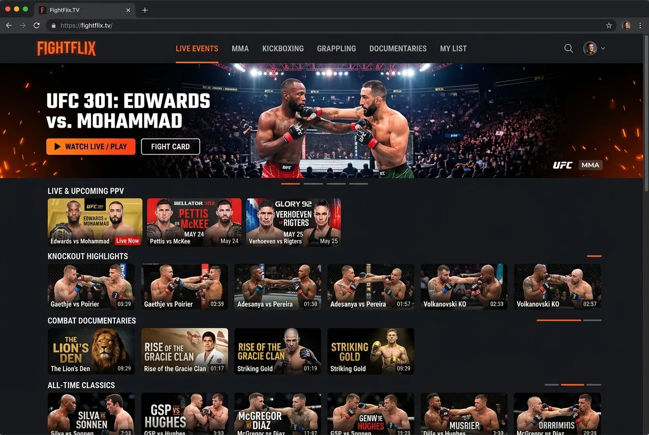 AI-generated concept for FightFlix.TV: an imagined orange-accented combat-sports streaming interface, not an actual event offering or licensing claim.