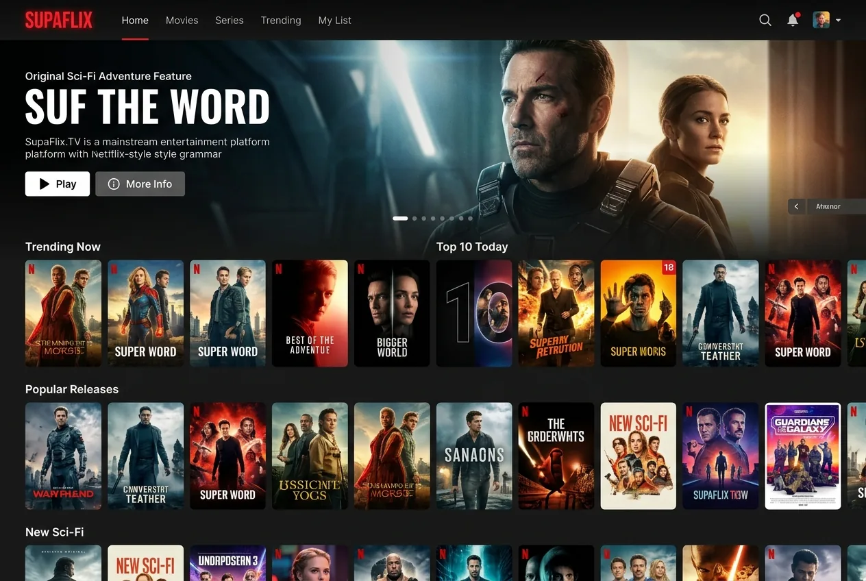 AI-generated concept for SupaFlix.TV: an imagined streaming interface with a cinematic hero and rows of movie posters, not an actual content catalog.